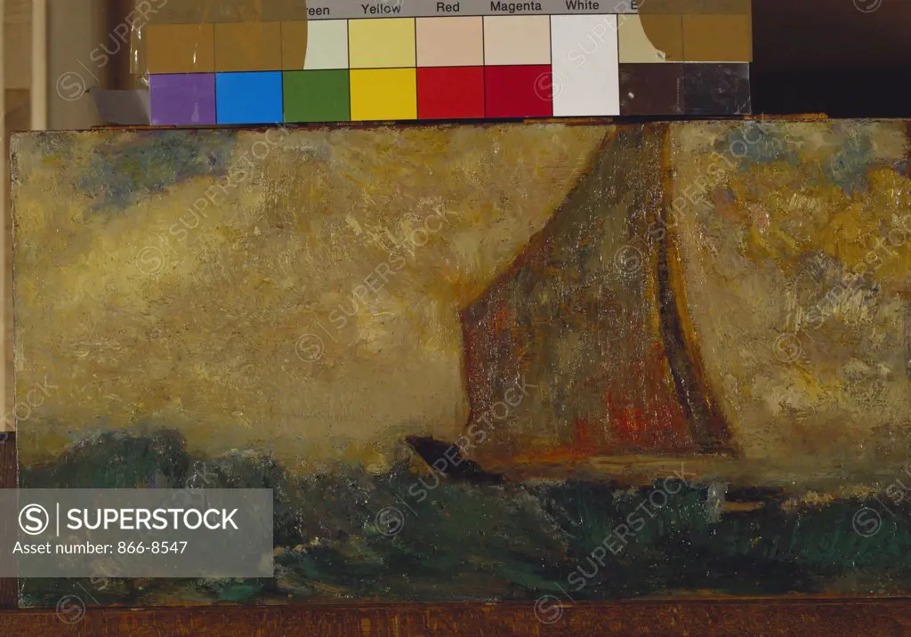 The Mystical Boat; La Barque Mystique. Odilon Redon (1840-1916). Oil on cradled panel. 16 x 30.5cm