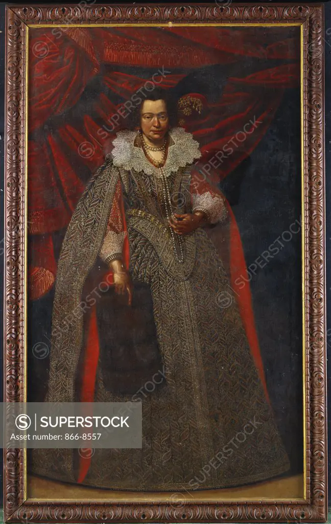 Portrait of a Lady, standing full length in a Jewel-encrusted Dress holding a Fur Ruff, in an Interior. Circle of Carlo Ceresa (1609-1679). Oil on canvas, 208.3 x 122.6cm.