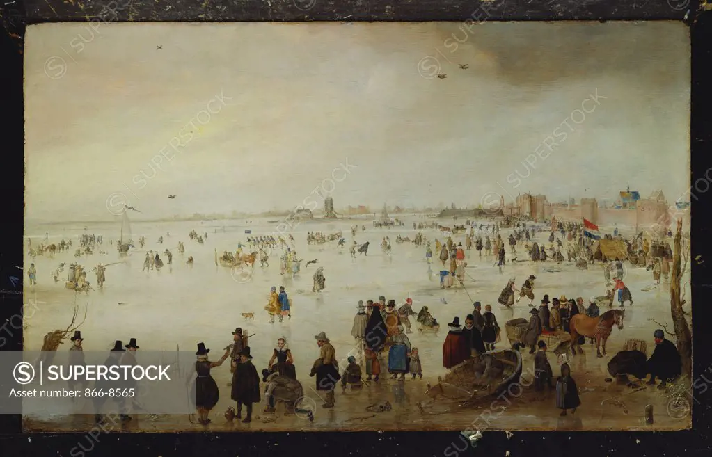 Skaters, Kolf Players, Elegant Ladies and Gentleman on Frozen Floodwaters by the Broederpoort at Campen. Hendrick Avercamp (1585-1634). Oil on panel. 44.5 x 72.5cm.