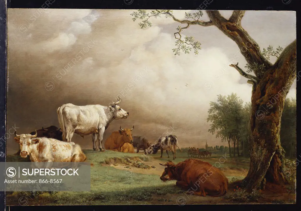 Cattle in a Field, with Travellers in a Wagon on a Track Beyond and a Church Tower in the Distance, a Rain Storm Approaching. Paulus Potter (1625-1654). Oil on panel. Dated 1652. 37.5 x 56cm.
