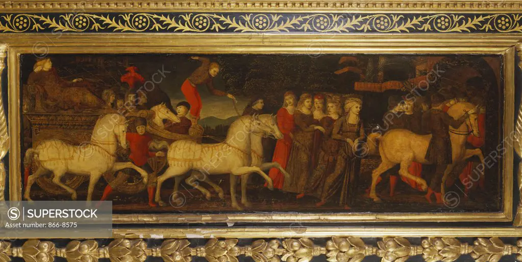 A Triumphal Procession.  Attributed to the Master of Stratonice, (1463-1500). A Cassone panel. 36.2 x 110cm.