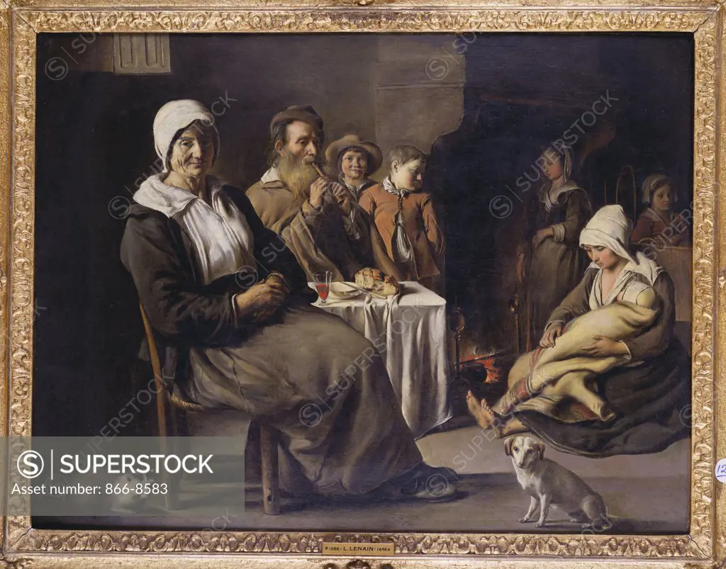 A Peasant Family in an Interior, with an Old Woman Seated, an Old Man Playing a Pipe, a Young Mother and Children by a Hearth. The Brothers le Nain, 17th century. Oil on canvas, 53.5 x 71cm.