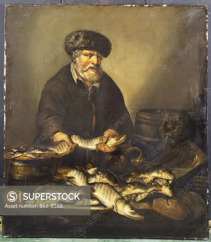 A Fishmonger Holding a Pike, with Bream, Perch  and Other Fish on a Ledge. Pieter de Putter (1600-1659). Oil on panel, 143.5 x 127cm.