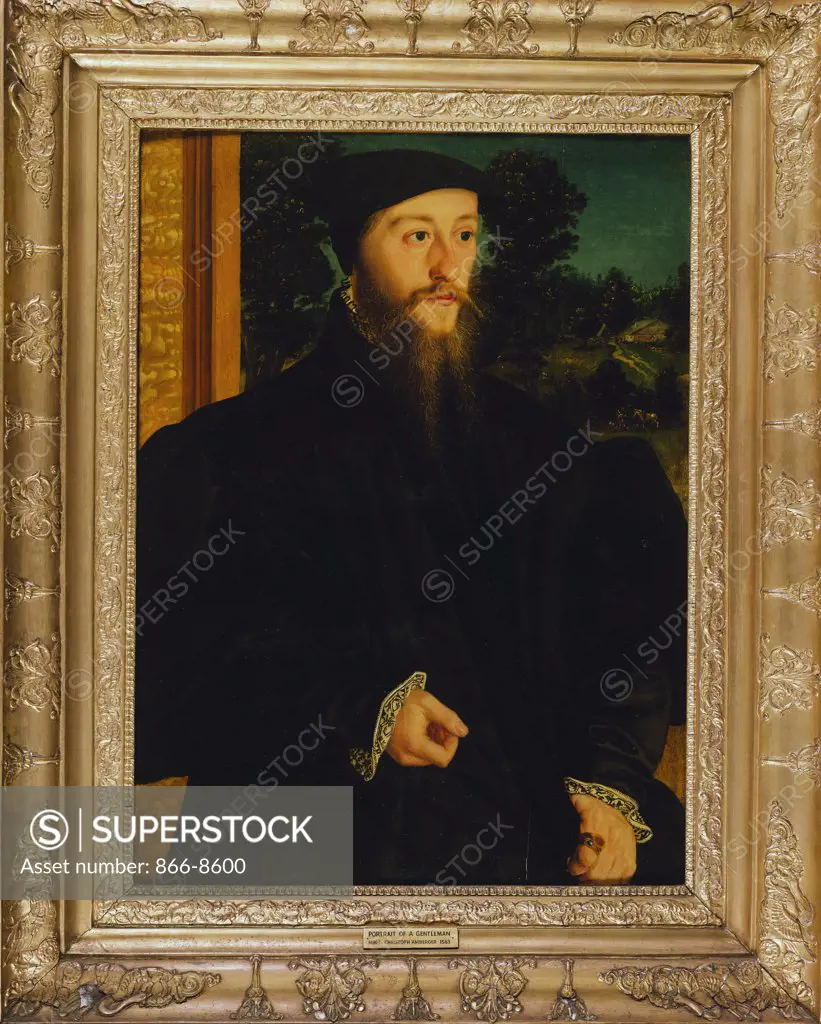 Portrait of a Bearded Gentleman, Half Length, in a Black Cloak and Cap, with a Landscape Beyond. Hans Muelich (1516-1573). Oil on panel. 64.2 x 47.8cm.