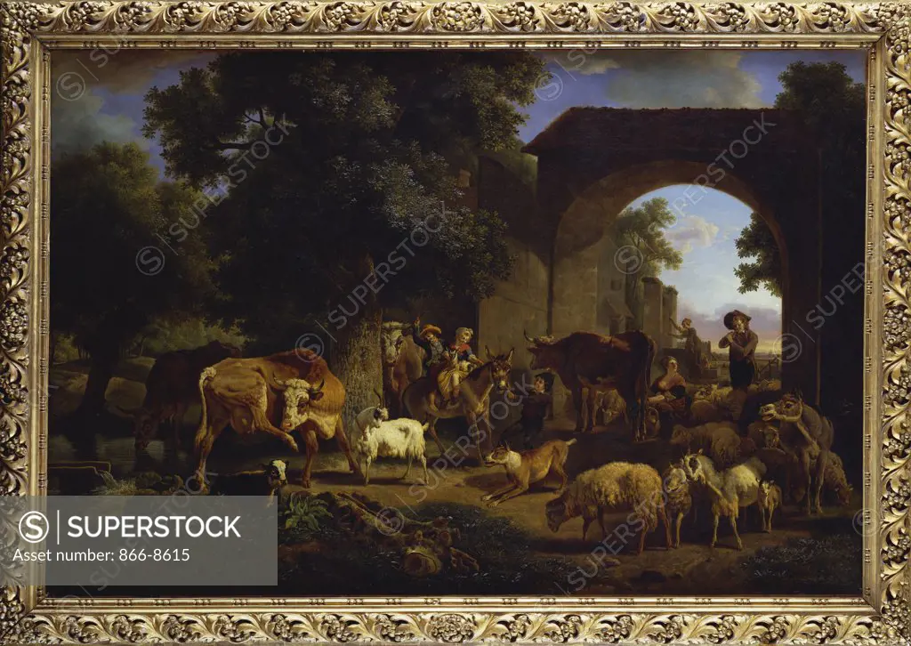 La Rentree des Bestiaux : A Farmyard with Children Playing on a Donkey, a Shepherd Boy with Sheep and Cattle by a Pond.   Jean-Louis Demarne called Demarnette (1744-1829).
