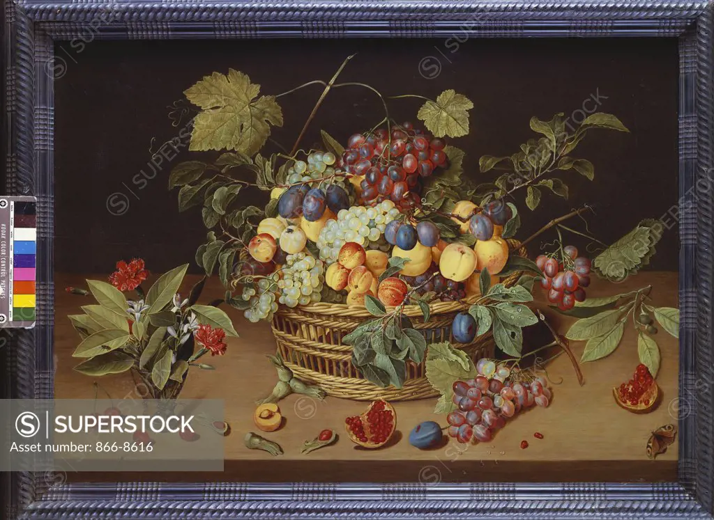 Plums, Peaches and Grapes in a Basket with Carnations and other Flowers in a Roemer, with Pomegranates, Hazelnuts, Cherries and a Butterfly on a Ledge. Jacob van Hulsdonck (1582-1647). Oil on panel, 61 x 85cm.