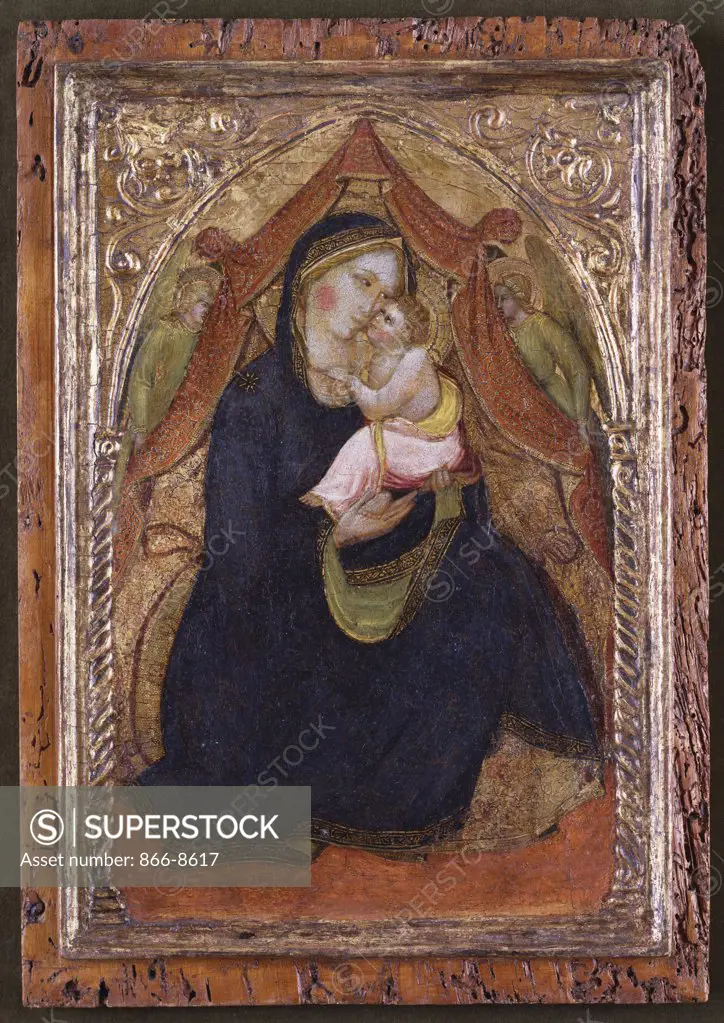 The Madonna of Humility with Two Angels. Close follower of Agnolo Gaddi (c.1345-1396). On gold ground panel, 40 x 28cm.