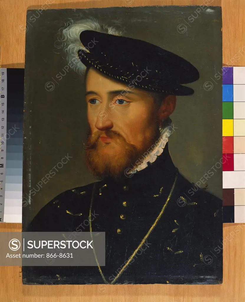 Portrait of a Gentleman, Small Bust Length, in a Black Doublet and Plumed Flat Cap. Manner of Francois Clouet (C.1516-1572). Oil on panel, 35.6 x 25.5cm.