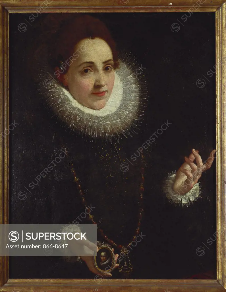 Portrait of a Lady, Half Length, in a Ruff and Dark Dress, Holding a Portrait Miniature of a Gentleman. Attributed to Lodovico Carracci (1555-1619). Oil on panel, 69.9 x 54.6cm.