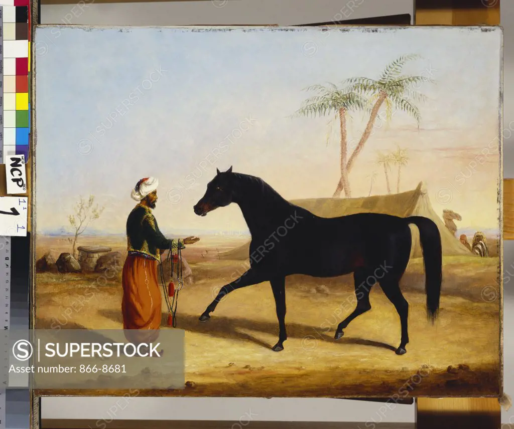 A Dark Bay Arab Stallion and Groom by an Encampment. George Henry Laporte (1799-1873). Oil on canvas, 48.2 x 61cm.