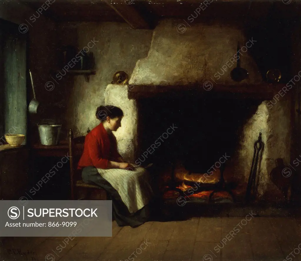 By the Hearth. Platt Powell Ryder (1821-1896). Oil on canvas. Signed and dated, 1881. 30.9 x 35.5cm