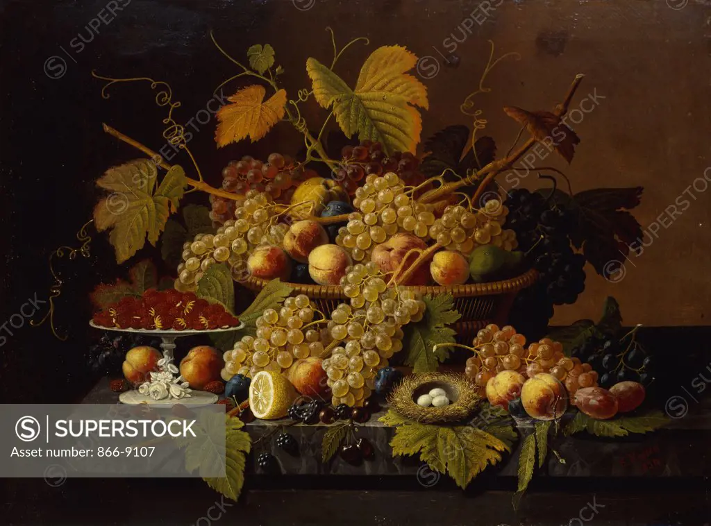 Still Life with Fruit. Severin Roesen (ca.1815-1872). Oil on canvas. Signed and dated 1854. 76.5 x 100.5cm
