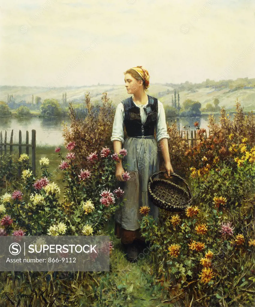 Girl with a Basket in a Garden.  Daniel Ridgeway Knight (1839-1924).  Oil on canvas. 55.4 x 46cm