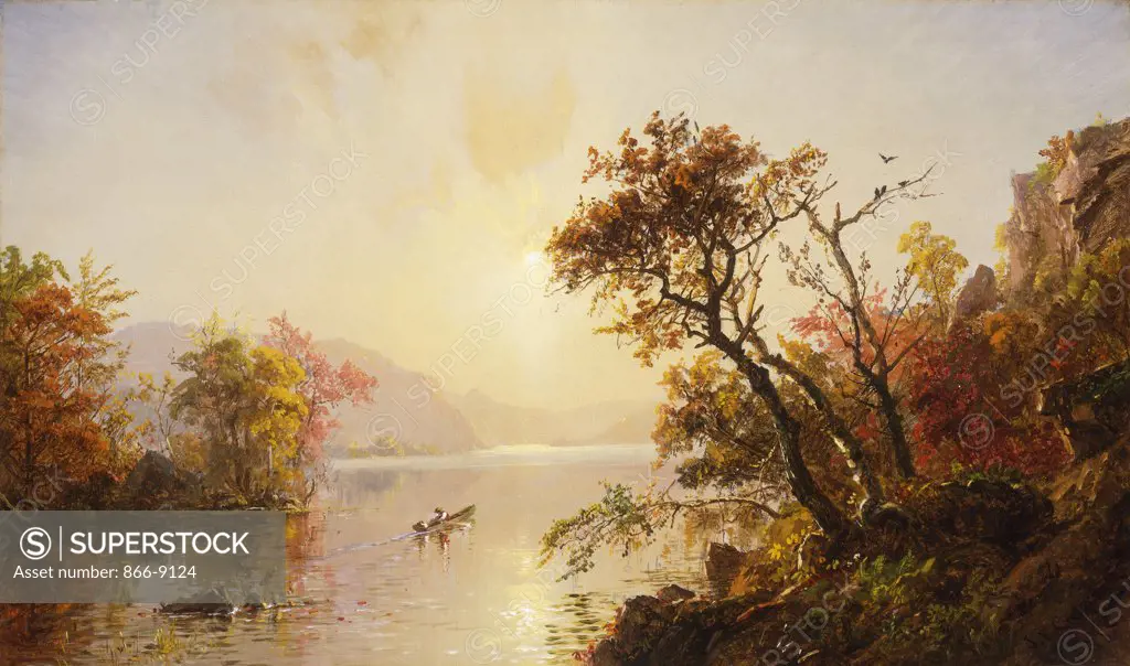 Rowing out of a Cove.  Jasper Francis Cropsey (1823-1900). Oil on canvas. Signed and dated 1878. 30.6 x 50.1cm