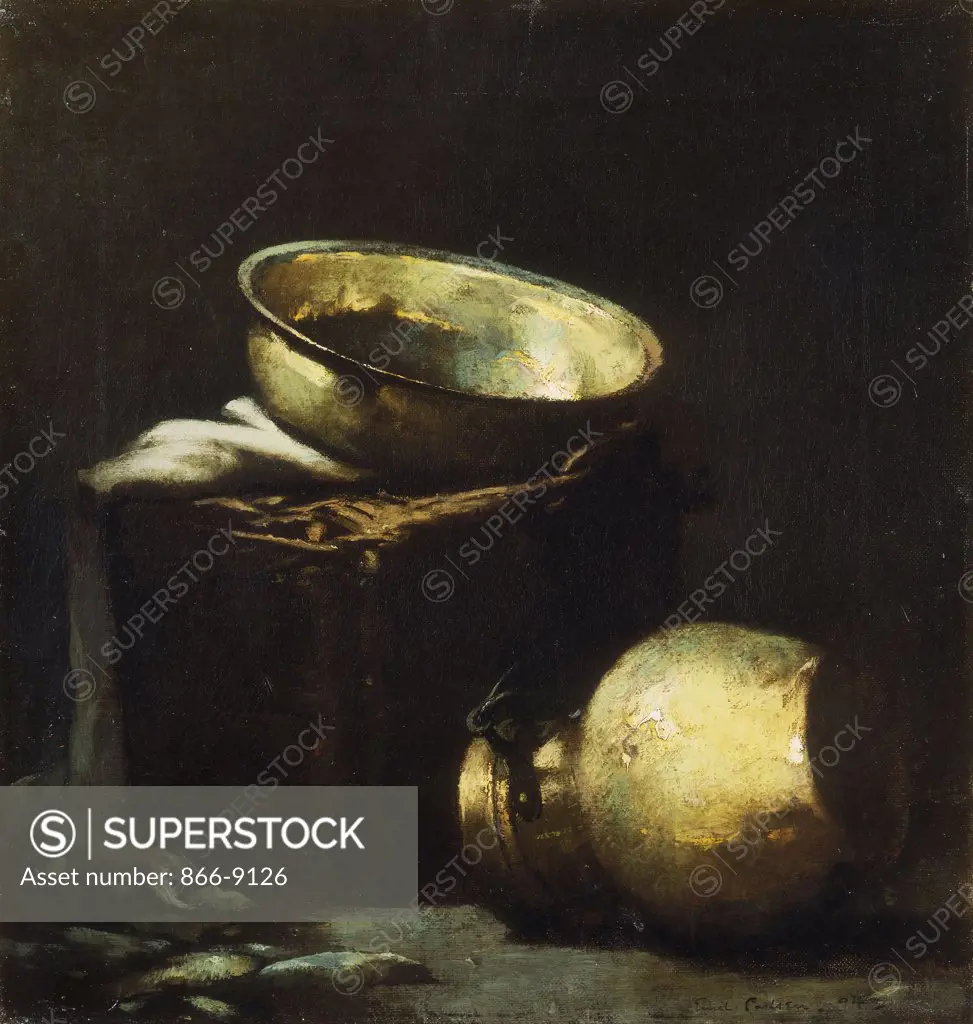 Still Life with Copper Pots and Black Fish. Soren Emil Carlsen (1853-1932). Oil on canvas. Signed and dated 1894. 41 x 39cm