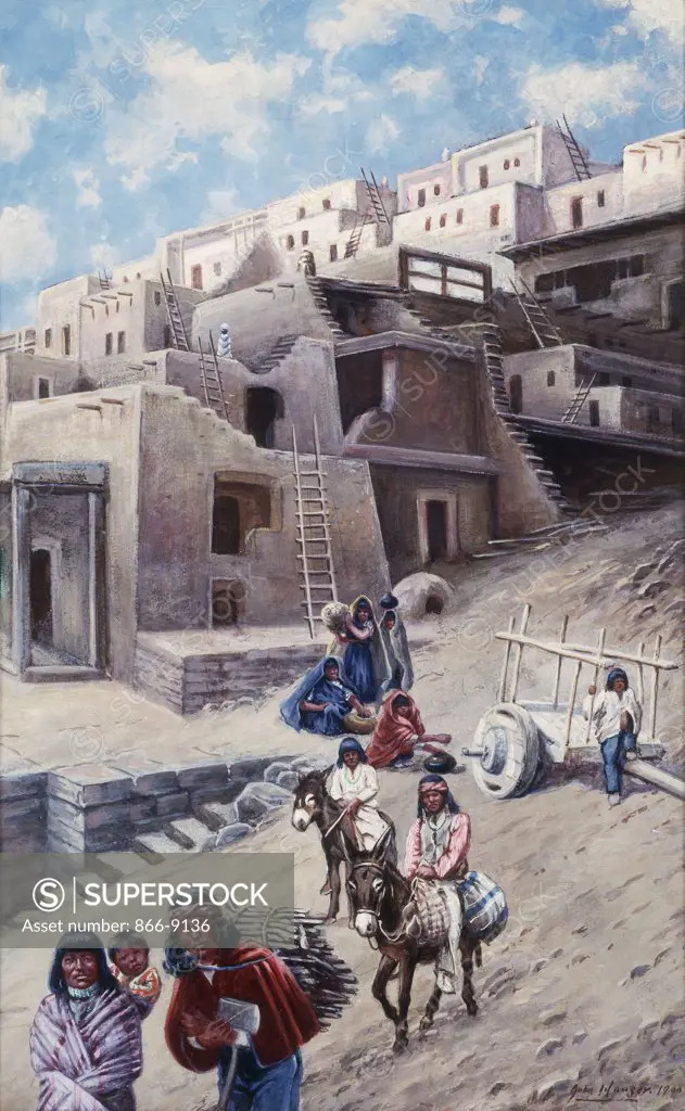 Pueblo Village. John Hauser (1858-1913). Watercolour and gouache on board. Signed and dated 1900. 51.7 x 33.9cm