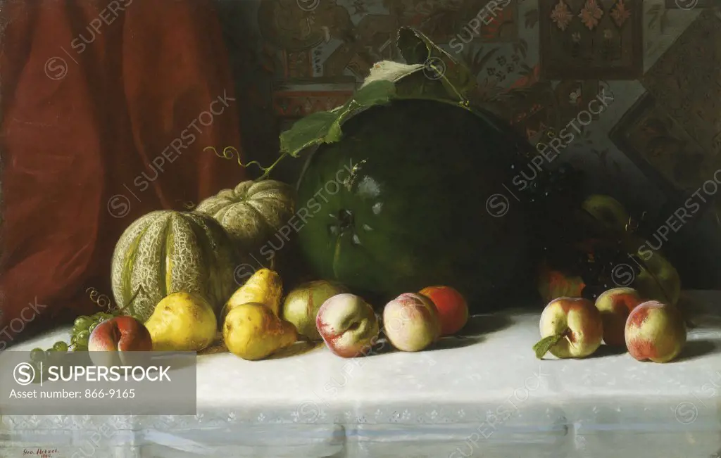 Tabletop Still Life of Fruit. George Hetzel (1826-1899). Oil on canvas. Signed and dated 1882. 56.4 x 87cm