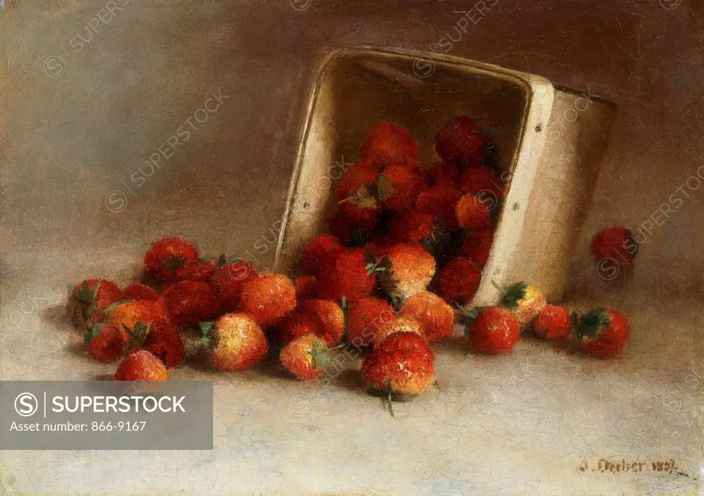 Box of Strawberries. Joseph Decker (1853-1924). Oil on canvas. Signed and dated 1897. 26 x 36cm
