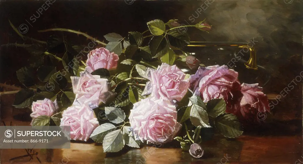 Rainwashed Roses. Edward Chalmers Leavitt (1824-1904). Oil on canvas. Signed and dated 1898. 39.5 x 71.5cm