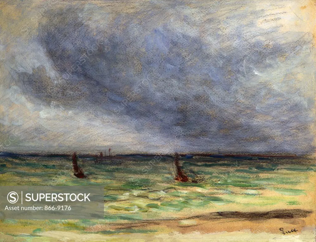 Departing Trawlers; Le Depart des Chalutiers. Maximilien Luce (1858-1941). Oil over black chalk on paper. Painted 1930-34. 26.1 x 34.2cm