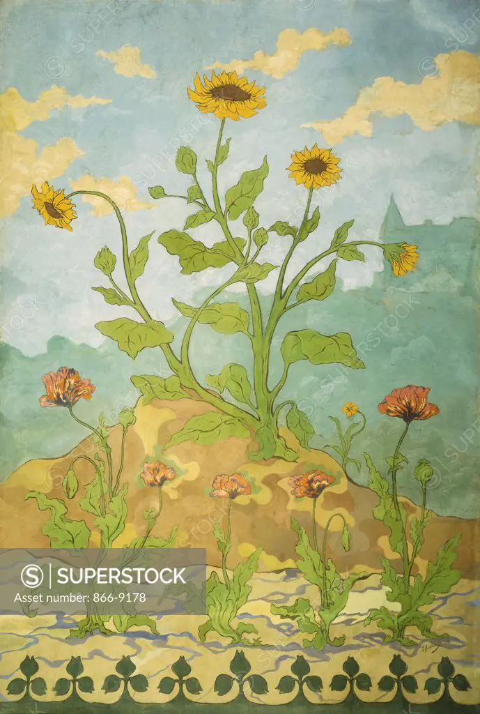 Sunflowers and Poppies; Soucis et Pavots. Paul Ranson (1863-1909). 1 of 4 Decorative Panels commissioned by Charles Dejean for his dining room in Sete. Oil on canvas, 1899. 245.7 x 163.9cm