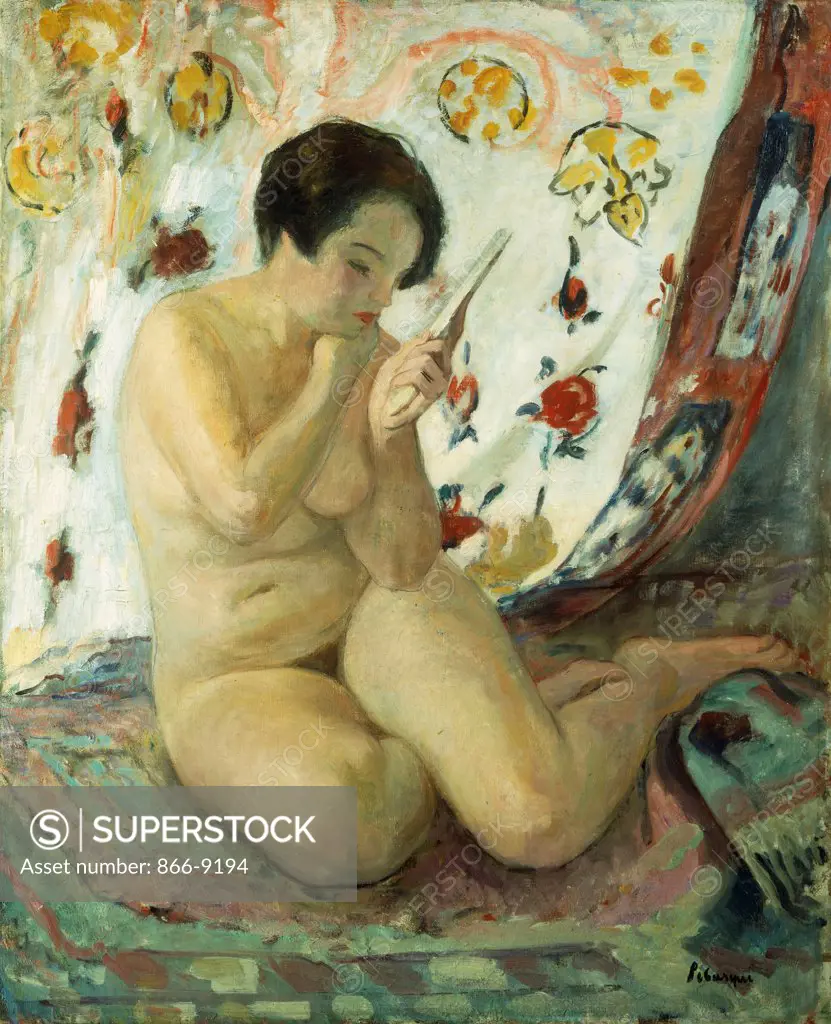 Nude Sat with a Mirror. Nu Assis au Miroir. Henri Lebasque (1865-1937). Oil on canvas, 1925-30. 77.5 x 63.5 cm