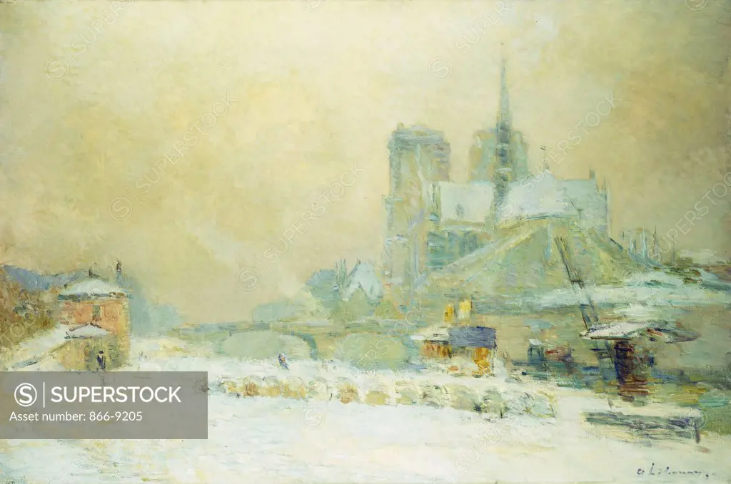 View of Notre Dame, Paris, from the Quai de la Tournelle: Snow Effect;  Notre Dame de Paris, Vue du Quai de la Tournelle, Effet de Neige. Albert Lebourg (1849-1928). Oil on canvas. 54.1 x 81cm