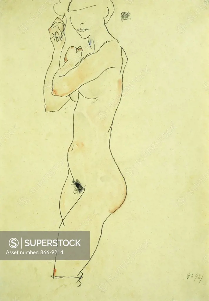 Standing Nude; Stehender Akt. Egon Schiele (1890-1918). Watercolour and pencil on paper. Drawn in 1913. 44.2 x 30.8cm