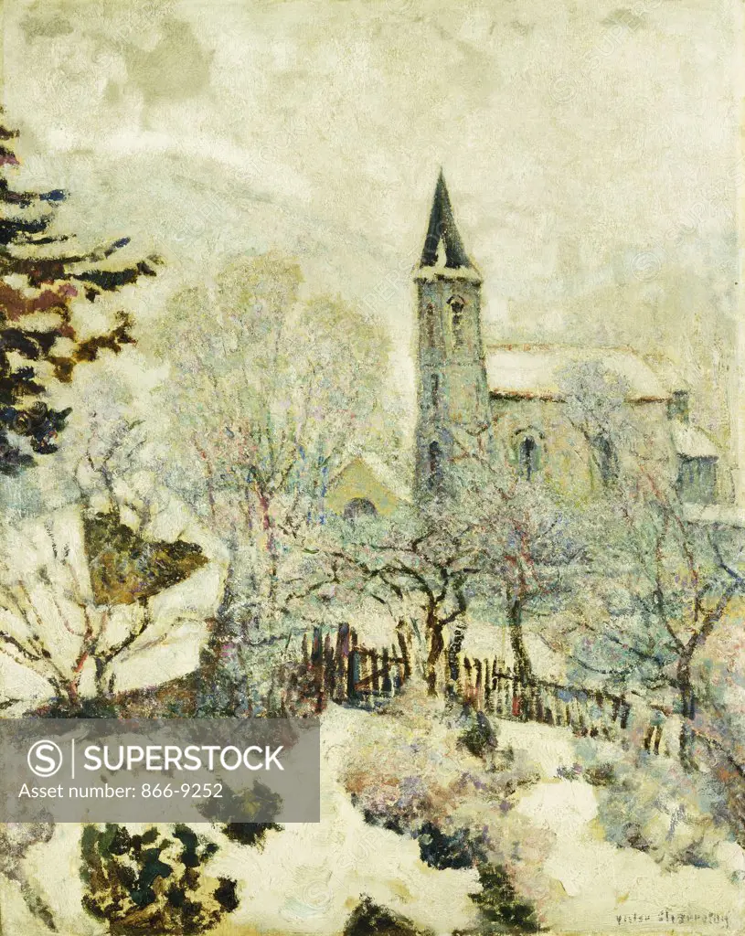 Murol Church in Winter. L'Eglise de Murol en Hiver. Victor Charreton (1864-1937). Oil on canvas. Painted in 1928.  92.8 X 73.8cm