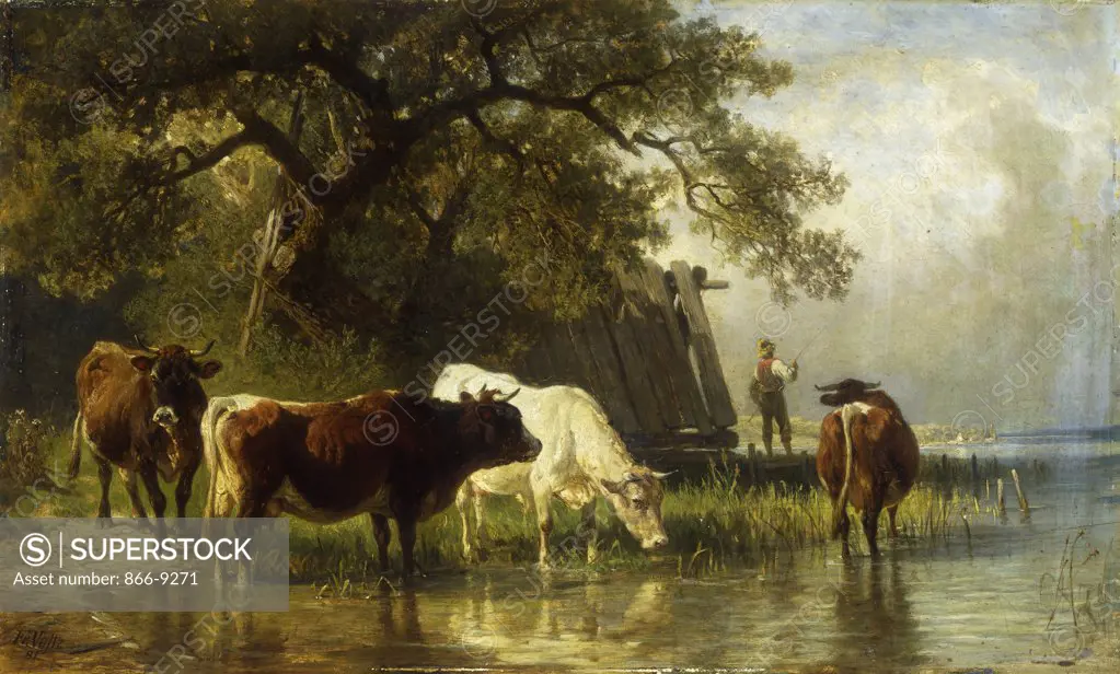 Cattle Watering in a River Landscape. Johann Friedrich Voltz (1817-1886). Oil on panel. Signed and dated 1881. 26 x 43.2cm