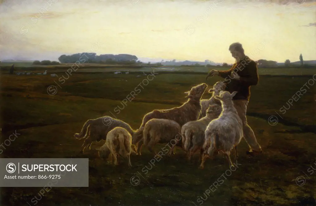 A Shepherd and his Sheep with Geese Beyond. Carl Christian Ferdinand Wentorf (1863-1914). Oil on canvas. Signed and dated 1896. 80.3 x 120.9cm
