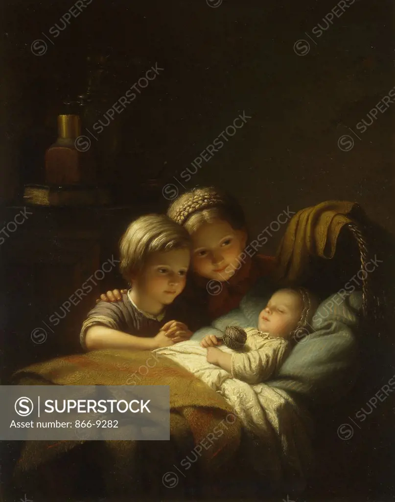 The Little Sleeping Brother; Le Petit Frere Dormant. Johan Georg Meyer (1813-1886). Oil on canvas. Signed and dated 1856. 45 x 35.8cm