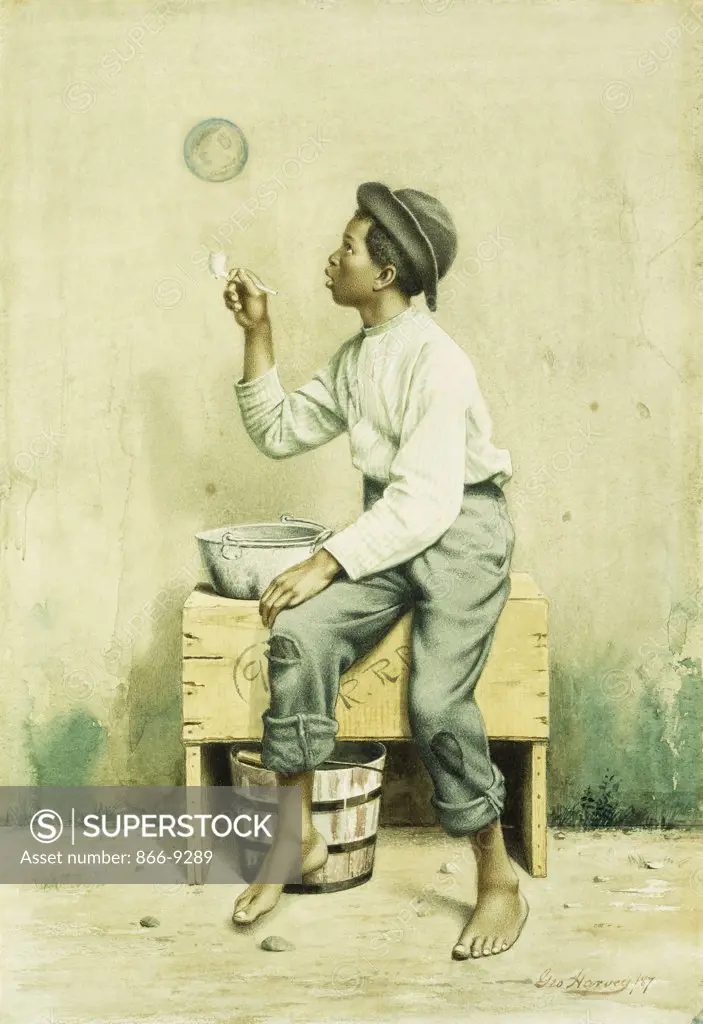 Black Boy Blowing Bubbles. George Harvey (1835-1920). Watercolour and pencil on paper. Signed and dated 1887. 41.6 x 28.2cm