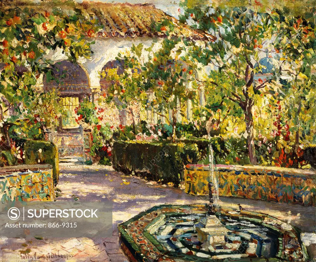 Alcazar Gardens, Seville. Colin Campbell Cooper (1856-1937). Oil on canvasboard. 37.5 x 45cm