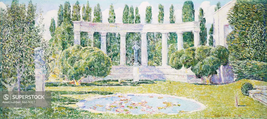 The Bartlett Gardens, Amagansett. Frederick Childe Hassam (1859-1935). Oil on canvas. Signed and dated August 1933. 69.5 x 157.2cm. The Bartlett mansion was built in 1914. The sculpture in the centre of the picture is Frederick MacMonnies 'Pan of Rohaillon'.