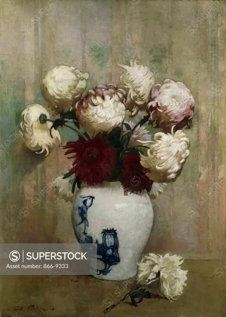 Mums in an Oriental Vase. Soren Emil Carlsen (1848-1932). Oil on canvas. 89.5 x 63.5cm