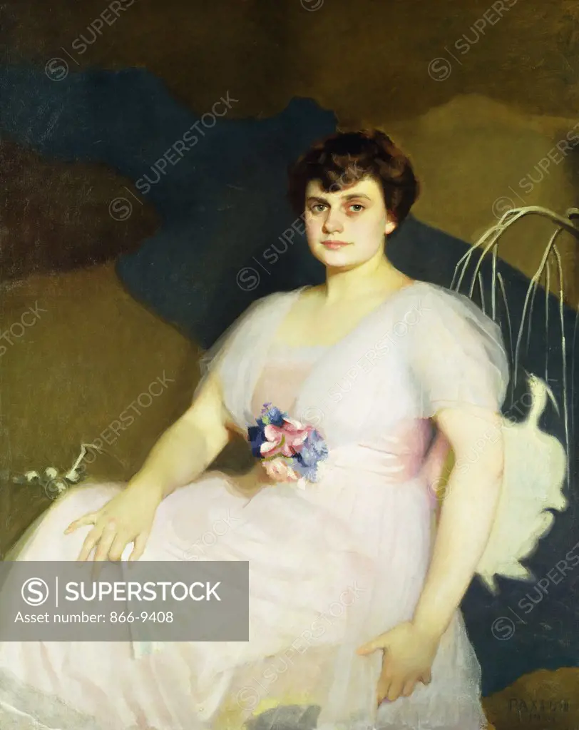 Portrait of Charlotte Parker Milne.  William McGregor Paxton (1869-1941).  Oil on canvas, 1916.  127.3 x 101.8cm