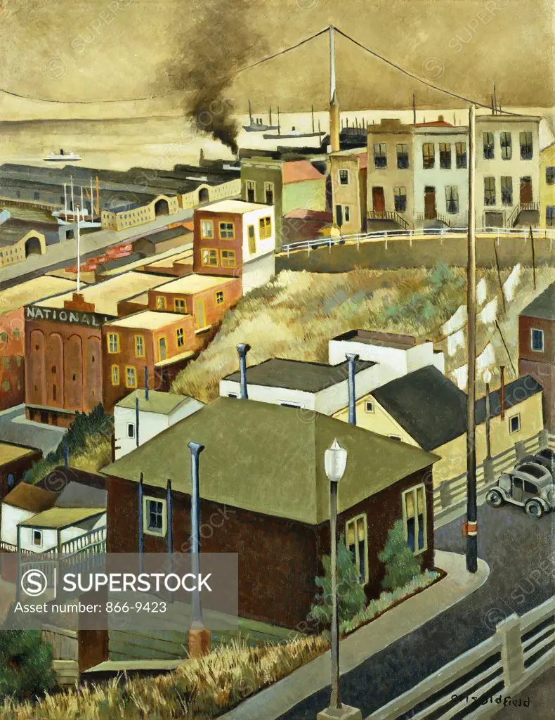 The Bluff of Telegraph Hill. Otis Oldfield (1891, active 1936). Oil on canvas, 1935. 91.5 x 71cm. The painting depicts a view of Montgomery street at Fibert toward Alta Street, San Francisco, with the waterfront and the new bay bridge under construction.