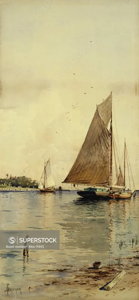 Drying the Sails, Oyster Boats, Patchogue, Long Island. Alfred Thompson Bricher (1837-1908). Watercolour and pencil on gray green paper. 53.1 x 24.8cm