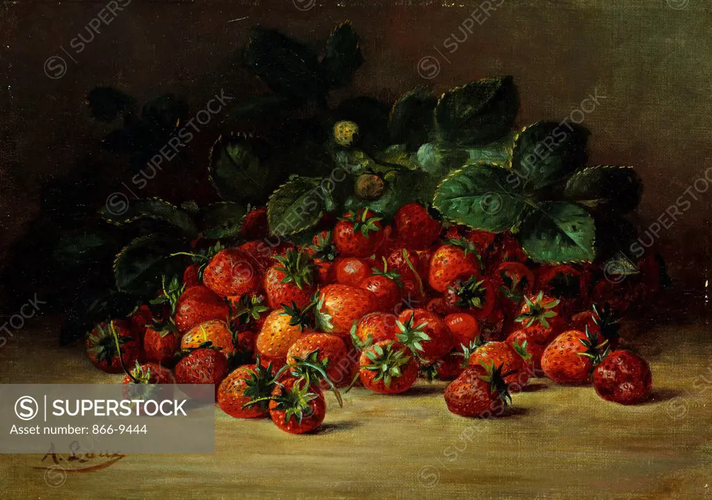Strawberries. August Laux (1847-1921). Oil on canvas. 25.7 x 35.5cm