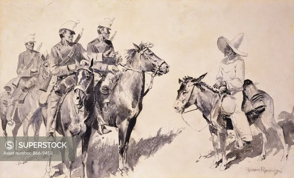 Mexican Gendarmes asking the Way. Frederic Remington (1861-1909). Pen and brush and black ink on paper laid on board. Signed and dated 1890.  35.6 x 59.6cm