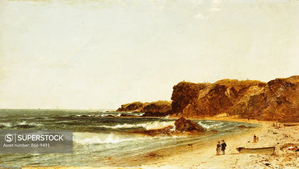 Forty Steps, Newport, Rhode Island. John Frederick Kensett (1816-1872). Oil on board. Signed and dated 1871. 26.6 x 47cm