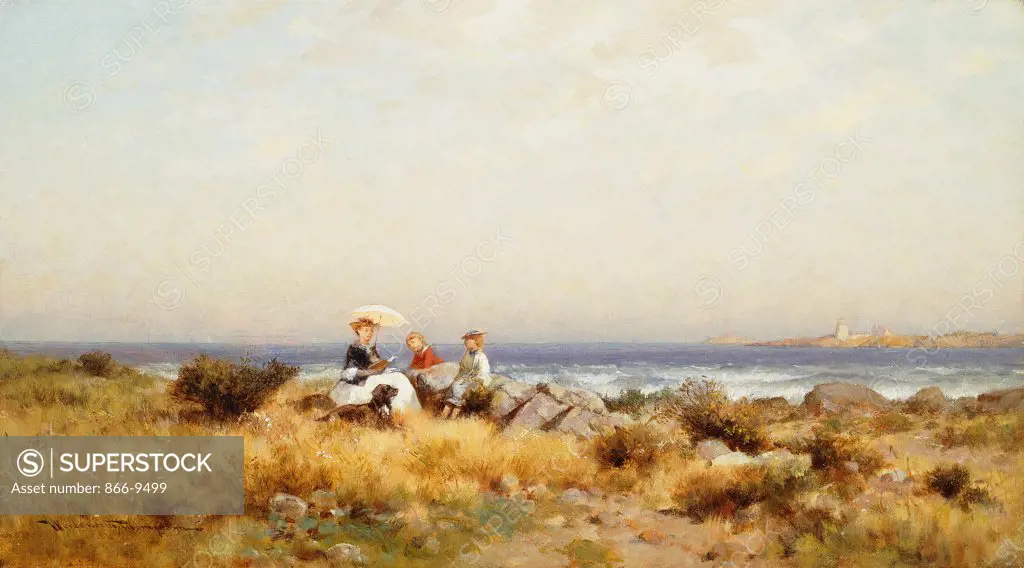 Reading by the Sea. Alfred Wordsworth Thompson (1840-1896). Oil on canvas. 25.4 x 45.7cm