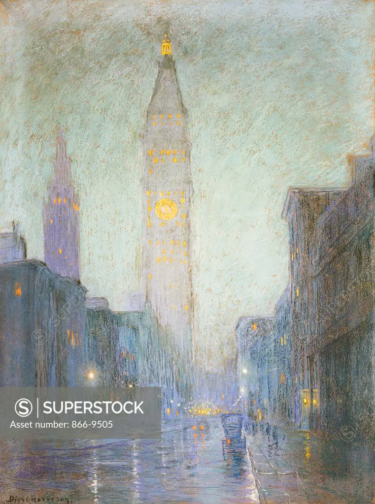 Madison Avenue at Twilight. Lovell Birge Harrison (1854-1929). Pastel on brown paper. Painted c. 1911. 81.5 x 61cm