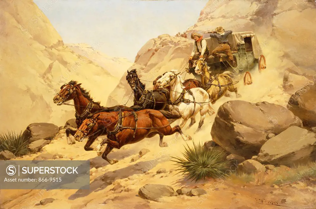 Attack on the Stagecoach. Herman Wendelborg Hansen (1854-1924). Oil on canvas. 81.2 x 121.9cm