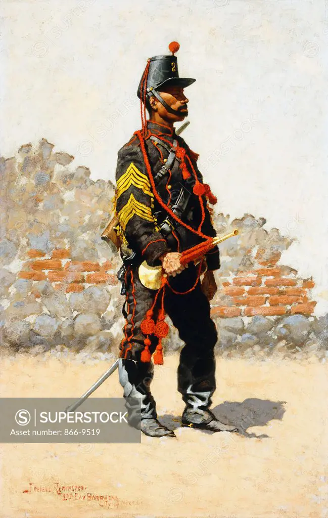 Bugler of the Cavalry.  Frederic Remington (1861-1909). Oil on canvas laid on panel. 71.1 x 45.7cm. Inscribed 2nd Cav. Barracks, City of Mexico. Published in Harper's New Monthly Magazine, Nov 1889.