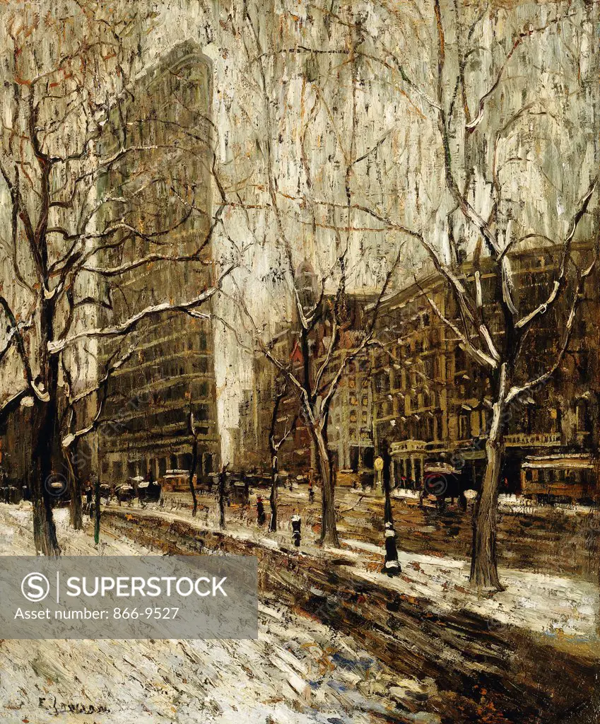 The Flatiron Building, New York. Ernest Lawson (1873-1939). Oil on canvas laid on board. Dated  1903-05.  76.2 x 63.5cm