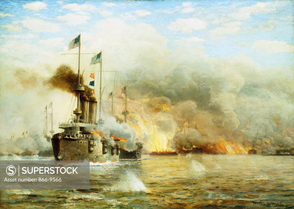 Battleships at War. James Gale Tyler (1855-1931). Oil on canvas. 76.2 x 106.7cm. The painting depicts the Battle of Santiago, Cuba on July 3, 1898 during the Spanish-American War.