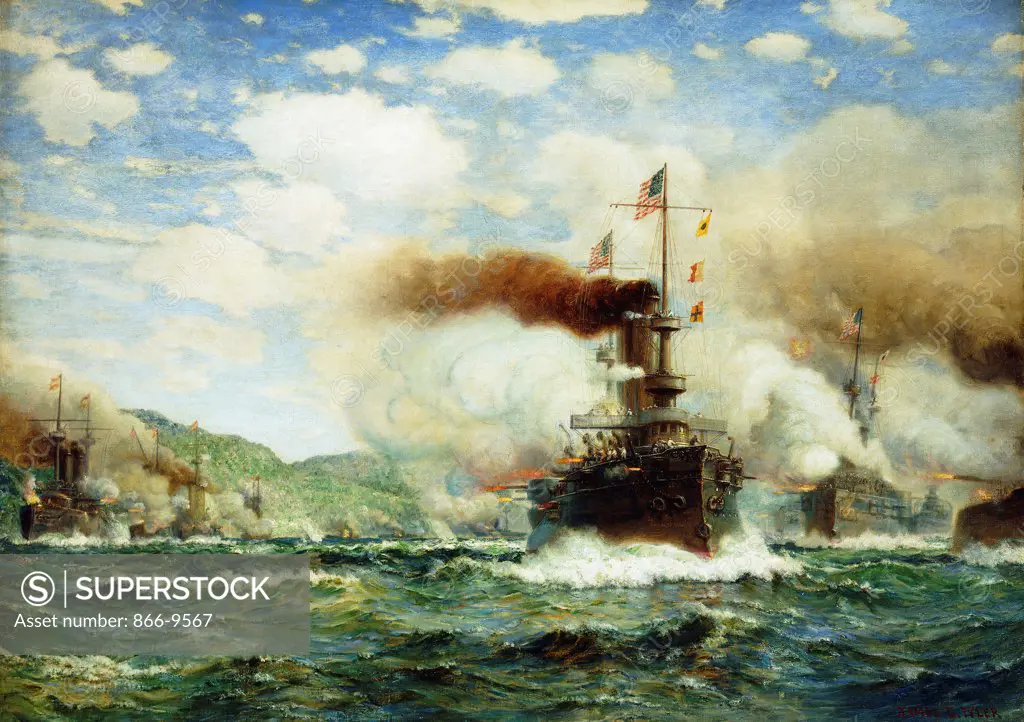 Naval Battle. James Gale Tyler (1855-1931). Oil on canvas. 76.2 x 106.7cm. The painting depicts the USS Olympia leading the US Asiatic squadron in the destruction of the Spanish Pacific squadron at Manila Bay on 1 May 1898 during the Spanish-American war.