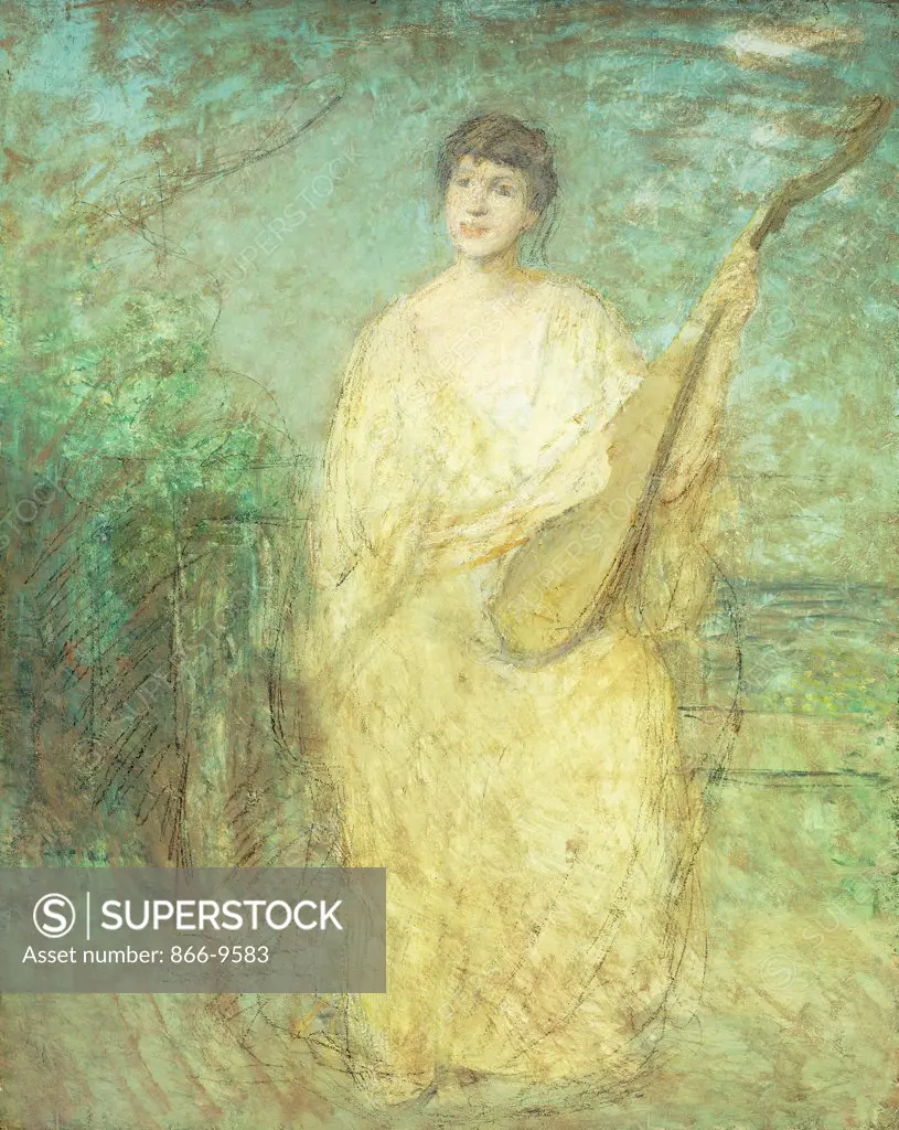 Model with a Lute. Julian Alden Weir (1852-1919). Oil on canvas with oil crayon. 36 x 29in